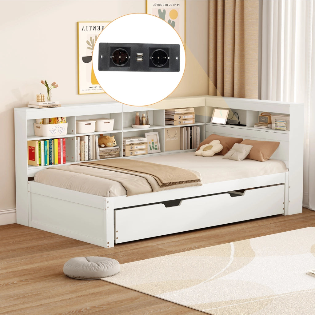 OKWISH Letto estraibile 90×200 cm, Letto Singolo con USB, vani contenitore e mensole, 90×190 cm, senza Materasso, in Legno, Bianco
