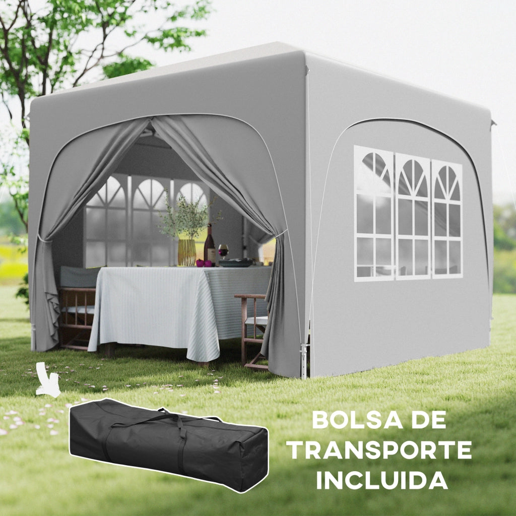 Gazebo pieghevole 3x3m con altezza regolabile 3 livelli 4 pareti finestre UPF50+ impermeabile grigio