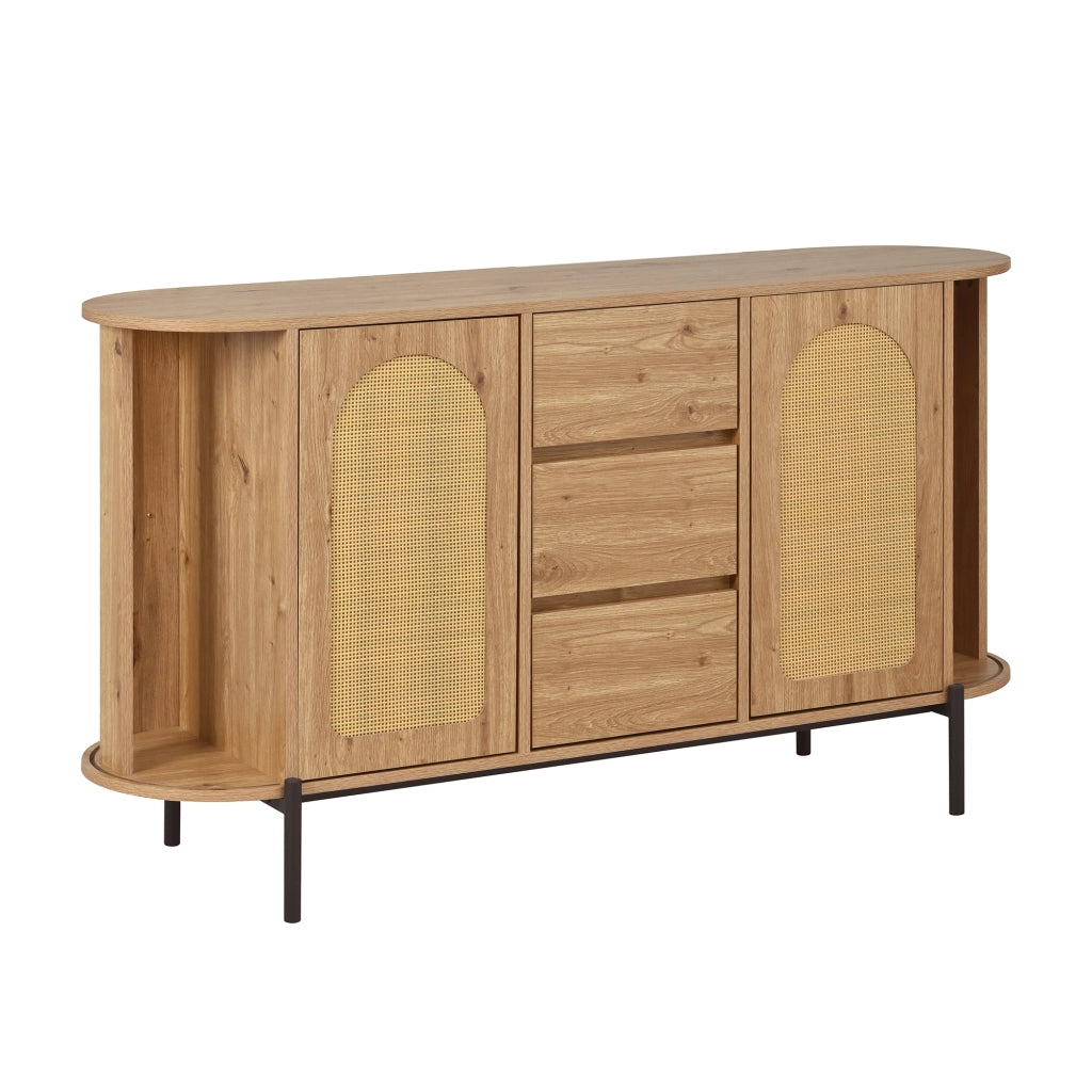 Credenza Ovale con Rattan ¨C Xylo ¨C Ante Scorrevoli, Cassetti, Ripiani, Effetto Legno, Gambe in Metallo