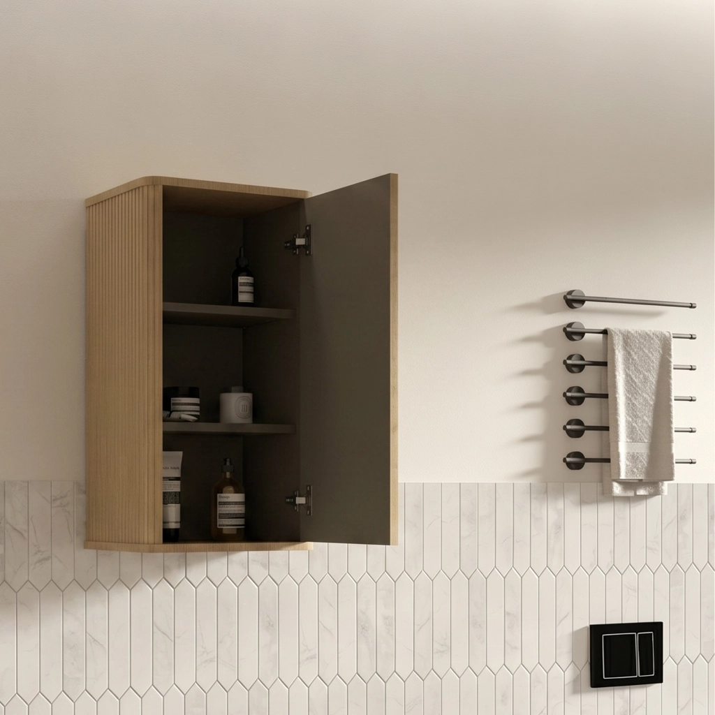 Armadietto da bagno con anta push-to-open e ripiani interni per bagno e soggiorno in MDF e compensato rovere