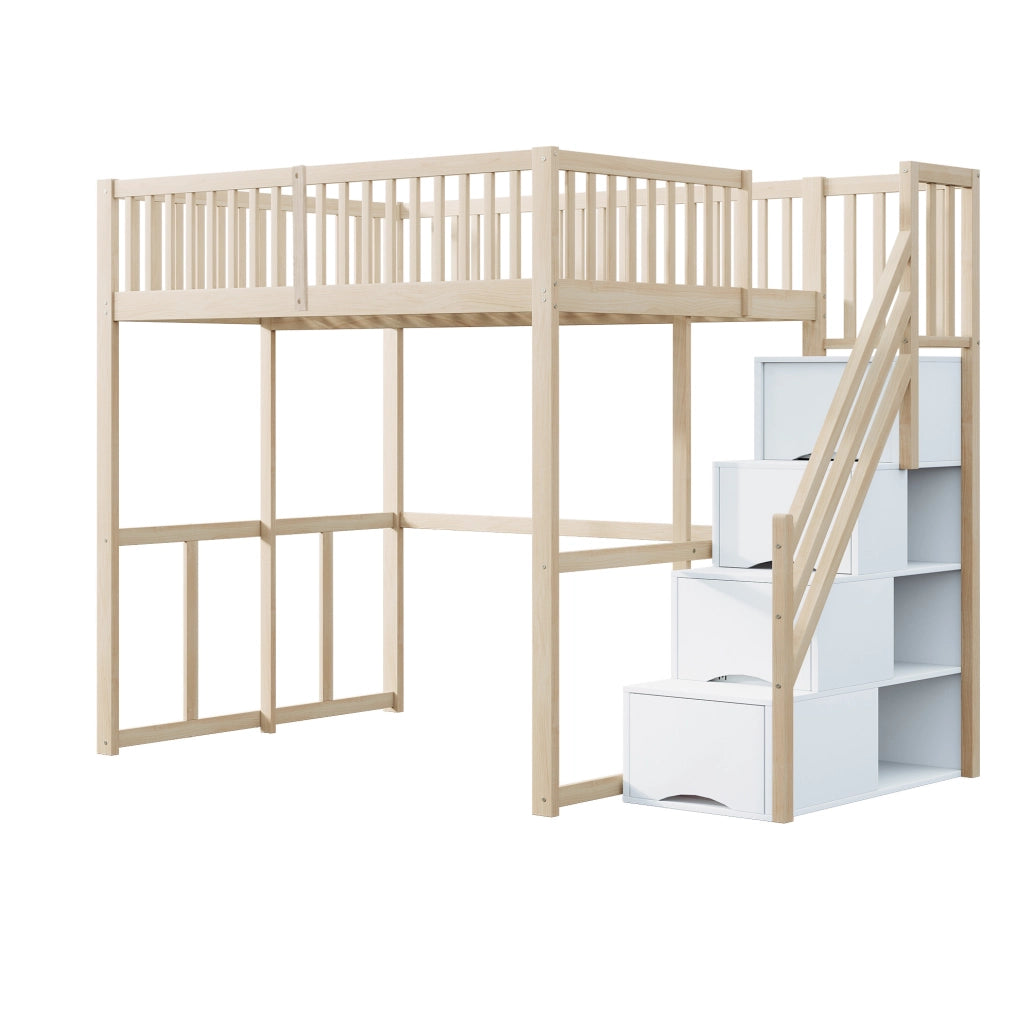 Hochbett 140x200 cm con scala contenitore e 15 doghe in legno di pino