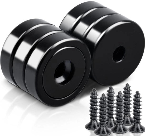 Pacco di 6 forti magneti 25 x 7 mm Nero - Resistenza extra alta 30 kg - Per cucina, bagno, ufficio, magazzino - Con foro e capsule - Magnetici neodymium