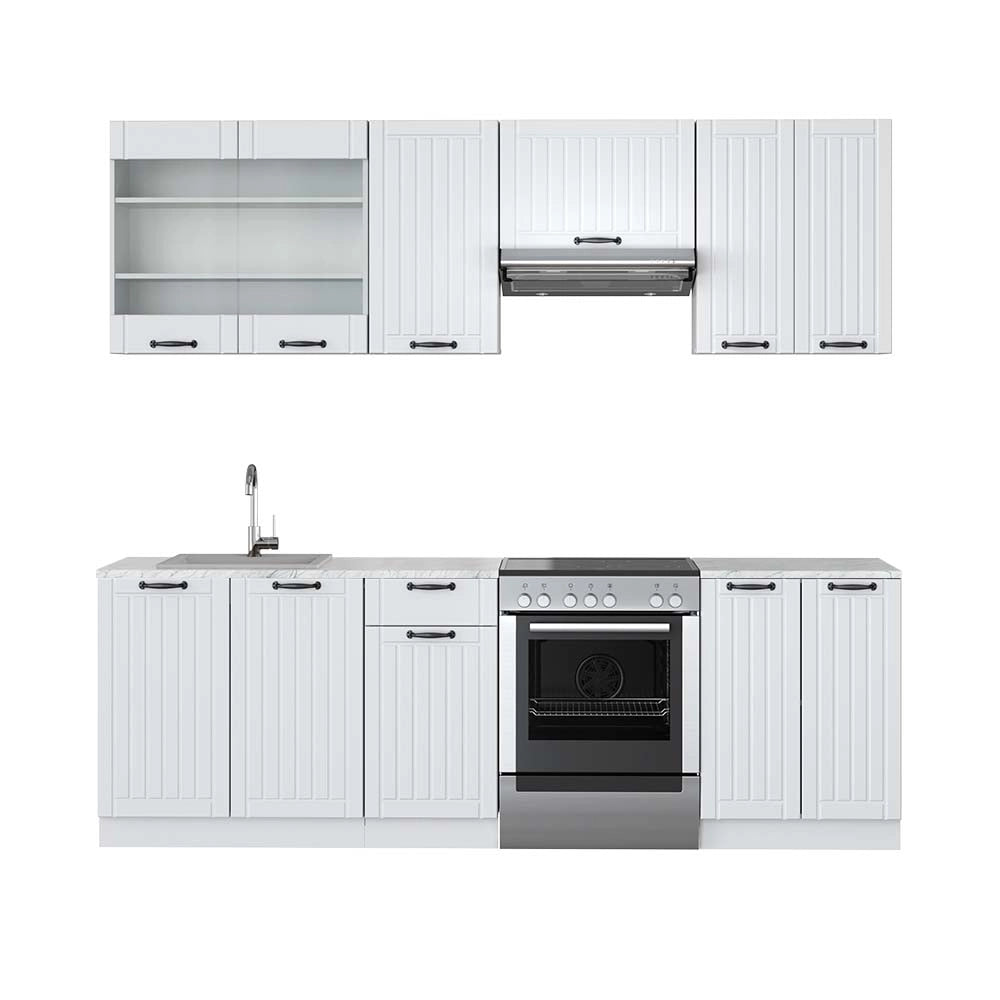 Cucina componibile Fame-Line Bianco rustico/Bianco 240 cm, PL Marmo Vicco