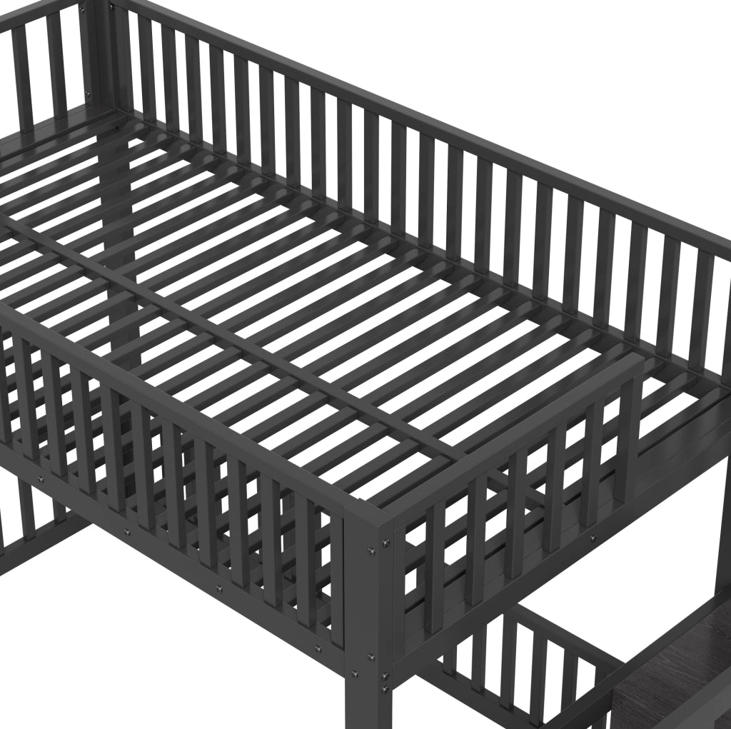 Letto a castello basso 90x200 cm con LED e scala contenitore in MDF e metallo nero