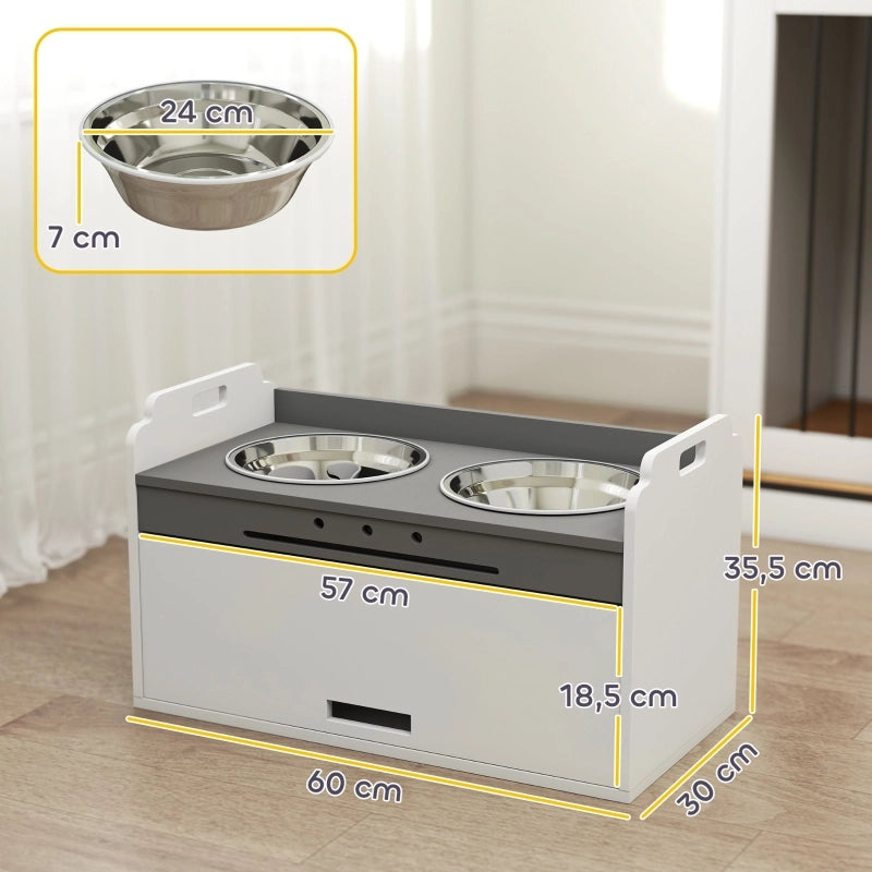 Mangiatoia rialzata per cani con mobile contenitore, 2 ciotole in acciaio inox, bianco