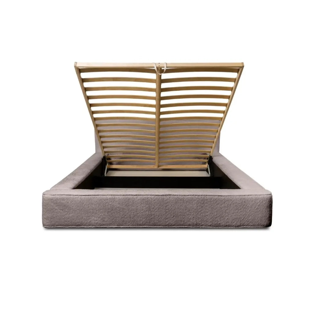 Letto contenitore VELORA – Taupe rosato bouclé – 140x200 cm – Tessuto velluto morbido – Rete sollevabile – Contenitore integrato