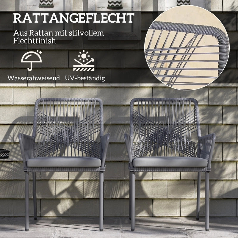 Lotto di 2 Sedie da Giardino; Schienale e Braccioli Ampi; Cuscini Sfoderabili; per Balcone e Terrazza; Rattan; Grigio Scuro