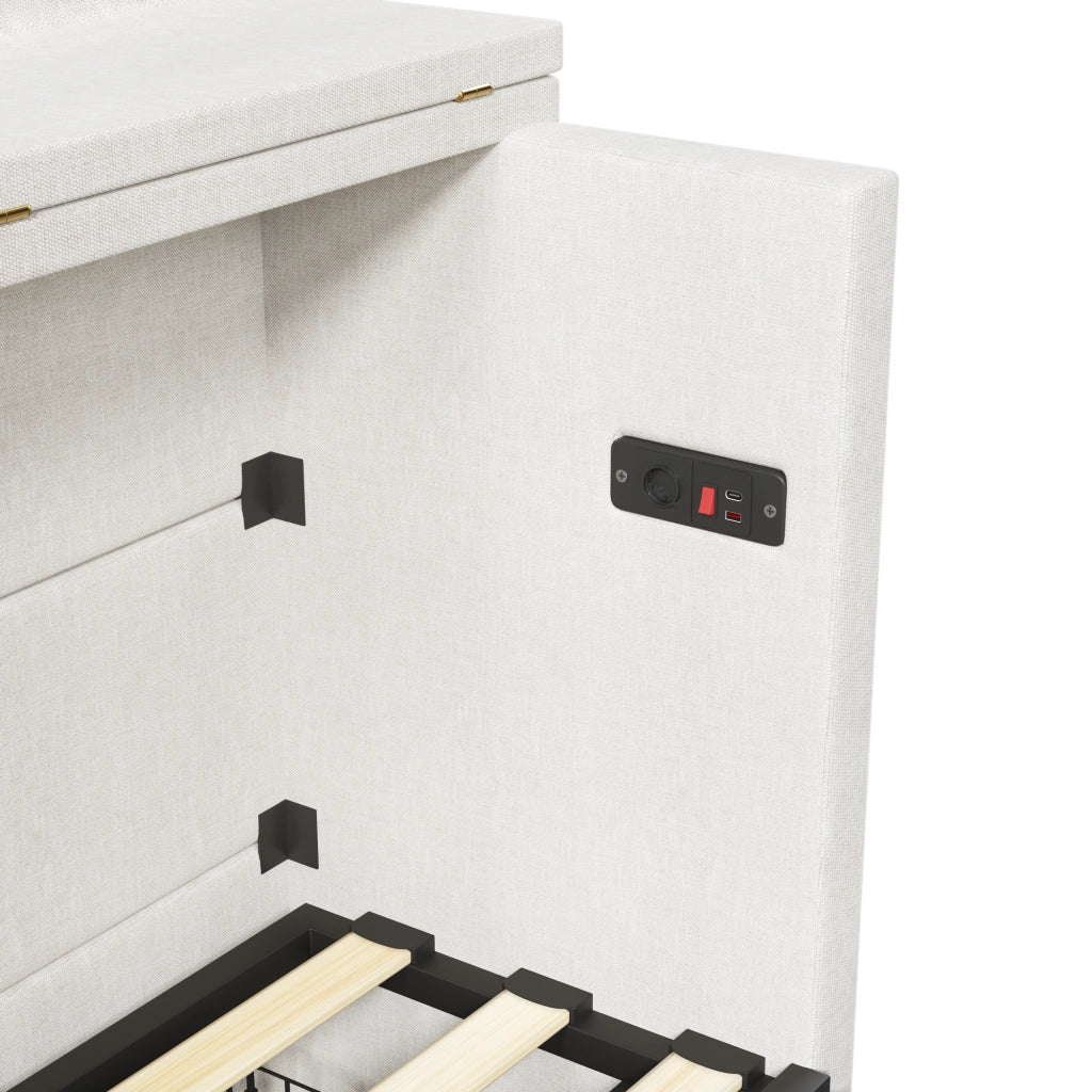 DESMIU Letto a scomparsa 140 × 200 cm 2 posti con USB, Type-C, cassetto e ripiano, senza materasso, beige