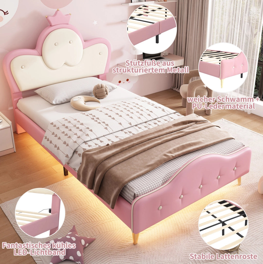 Letto imbottito per bambini con LED e testiera a corona 90x200 cm