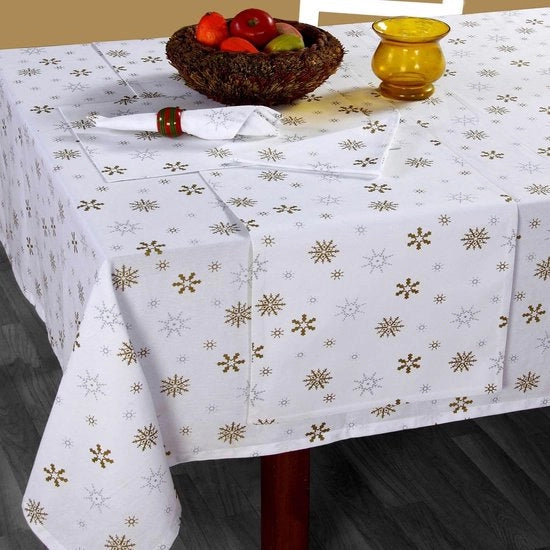 Tavolo di Natale, bianco-oro, 100% cotone, tovaglia rettangolare con motivo di fiocchi di neve, 137 x 178 cm