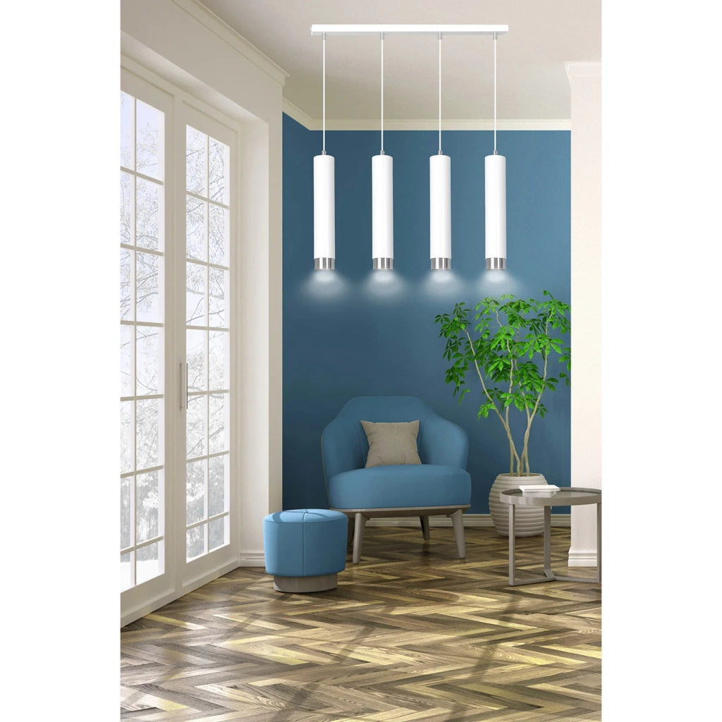 Lampadario 4 Luci Brunilde In Acciaio Bianco E Tubolari In Bianco E Cromo