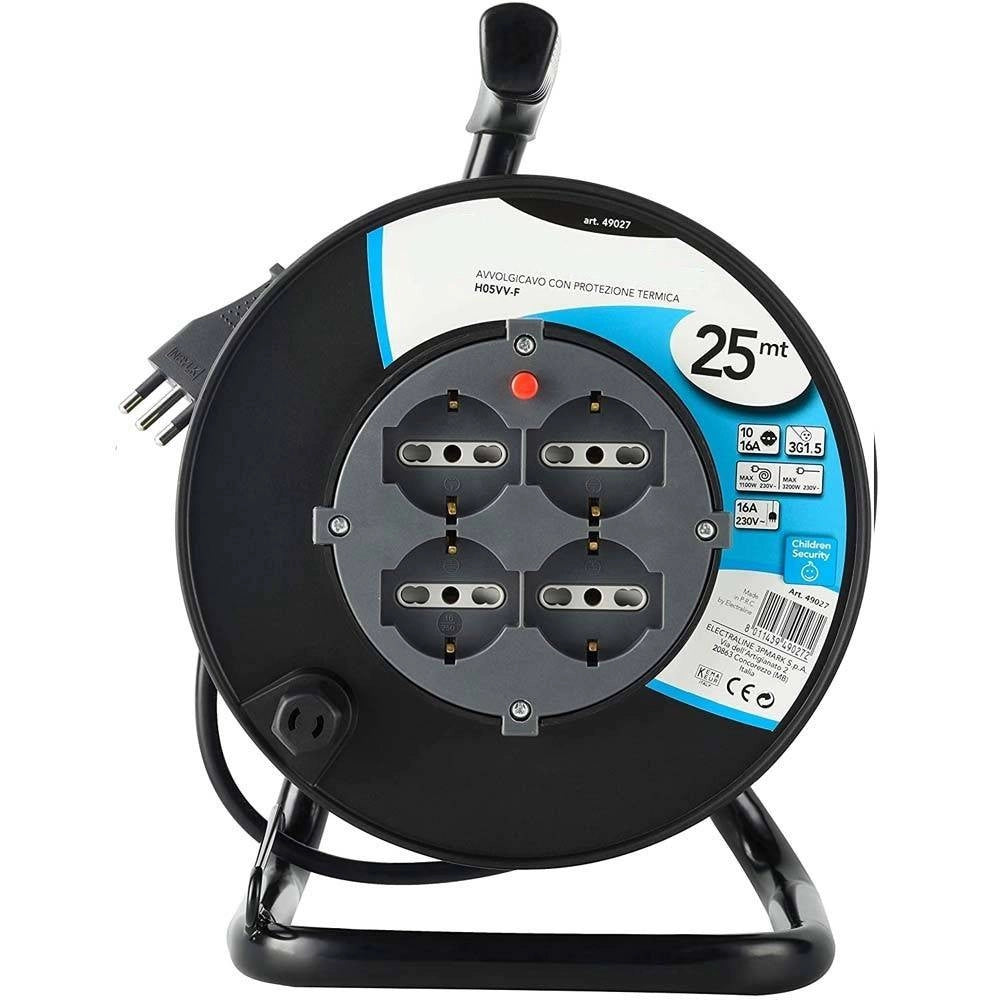 Trade Shop - Prolunga Elettrica Cavo 25 Mt Avvolgicavo 4 Prese Schuko Polivalenti Spina 16a -