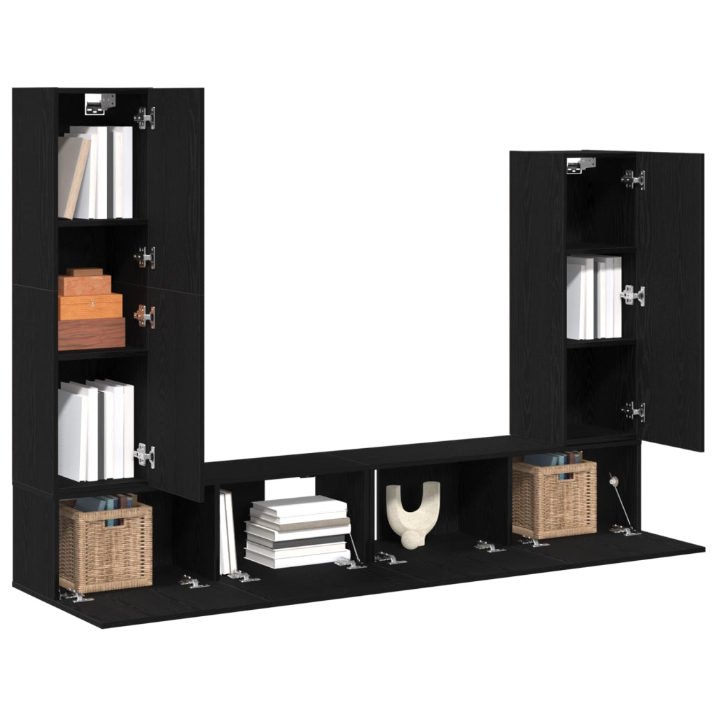 Set di 4 Pezzi di Mobile per TV da Parete in Legno Ingegnerizzato Nero