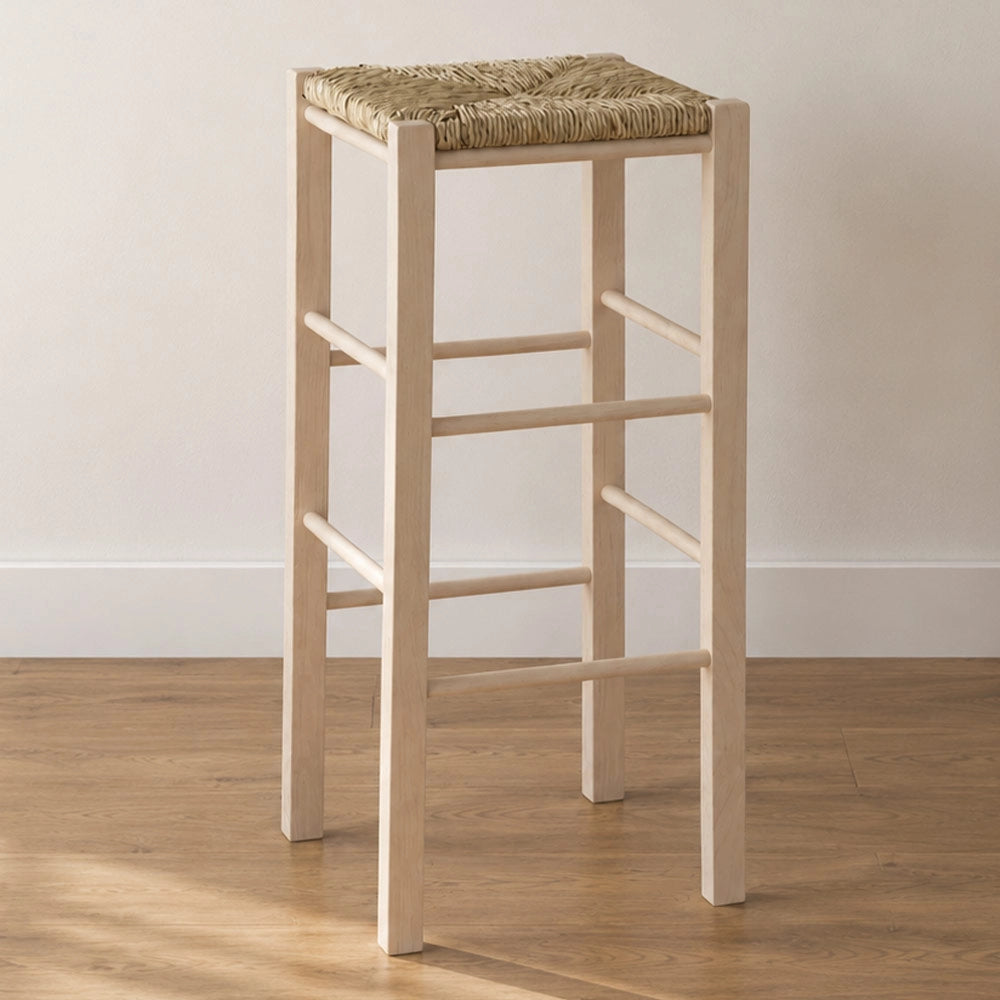 Sgabello da bar h 70 cm in legno da dipingere con sedile in paglia quadrato