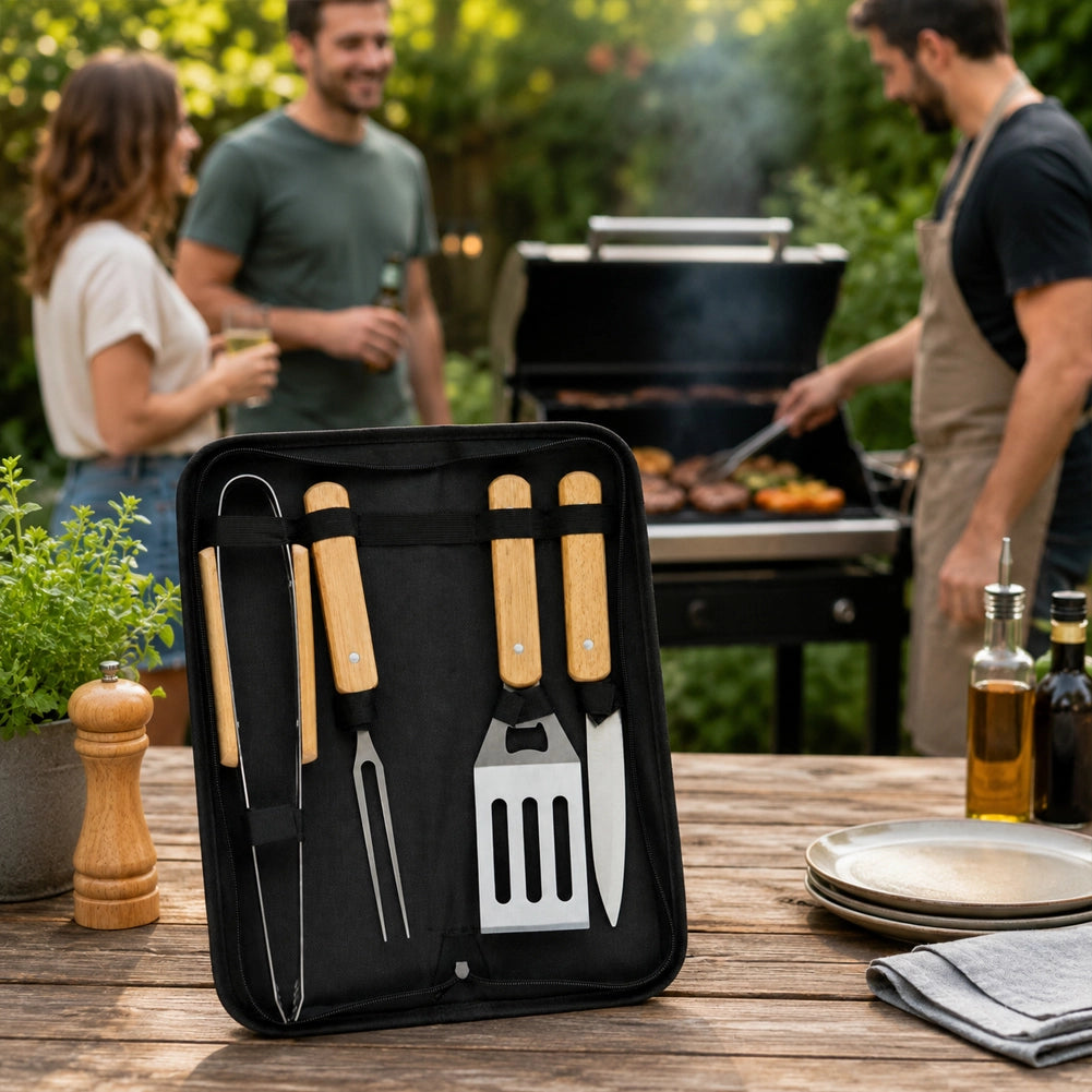 Set 4 Pezzi Accessori per Barbecue Valigetta Pieghevole con Manico in Legno
