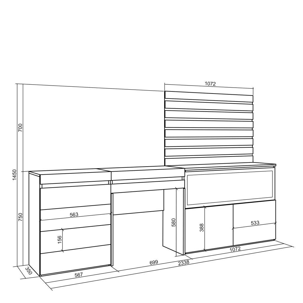 Tavolo da toeletta, 234x35x145cm, Con cassetto, Camino elettrico XXL, Cassettiera, Pannelli Decorativi, colore Rovere RF3473