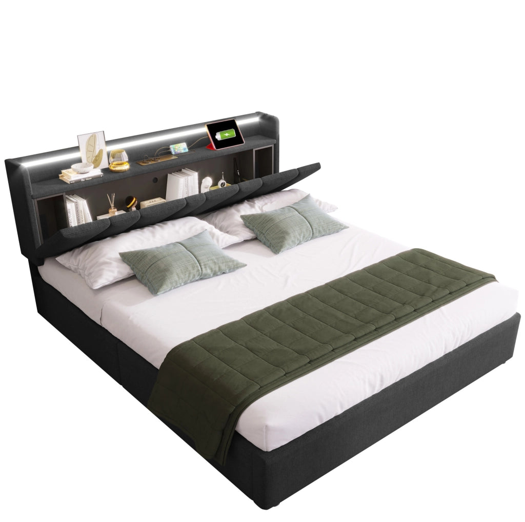 Letto matrimoniale imbottito 140x200 cm grigio con testiera contenitore; USB e LED RGBW