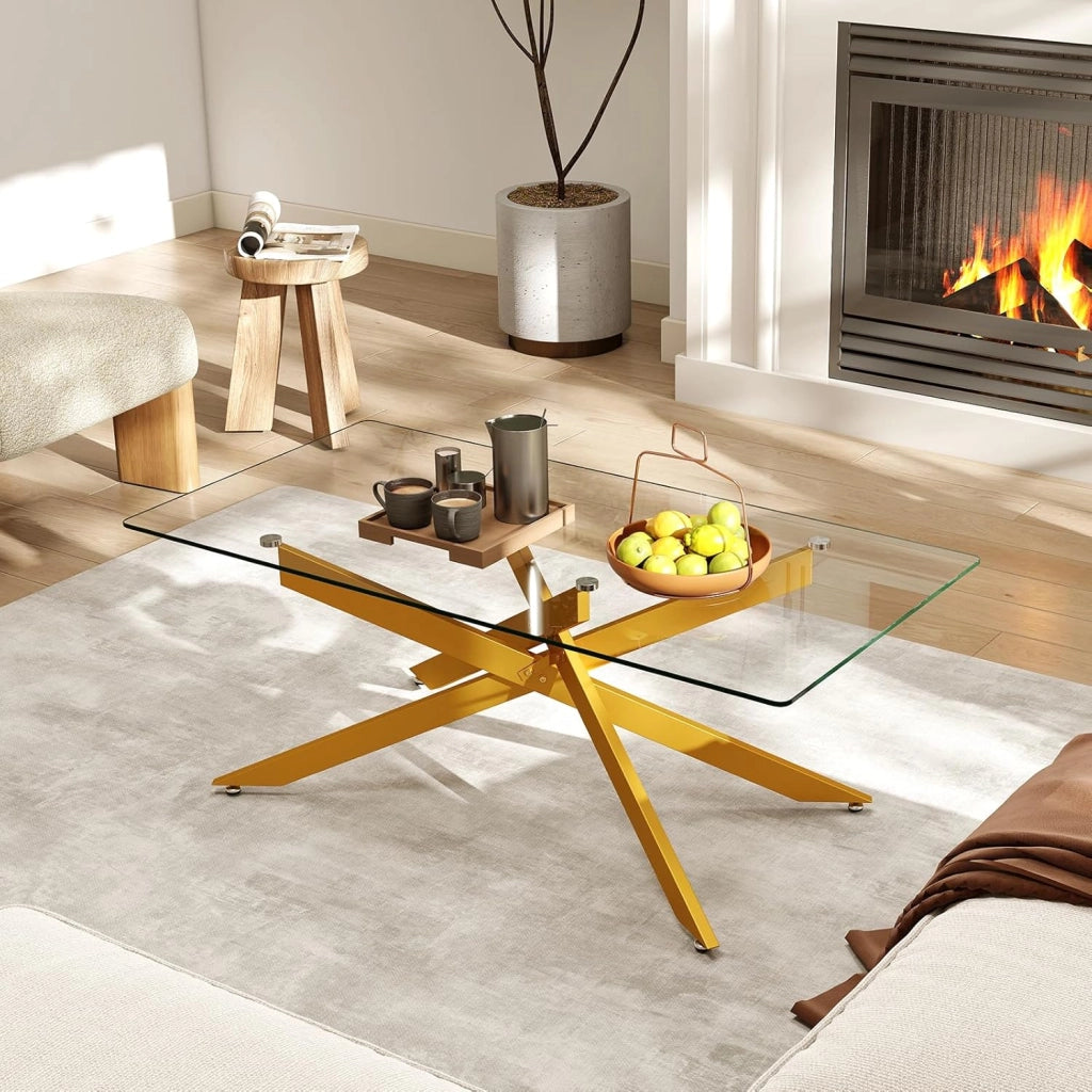Tavolo da Caffè, Tavolino Salotto in Vetro Temperato con Gambe Incrociate in Metallo Placcato e Piedini Regolabili Antiscivolo, per Soggiorno e Ingresso, 120 x 60 x 45,5 cm (Oro)