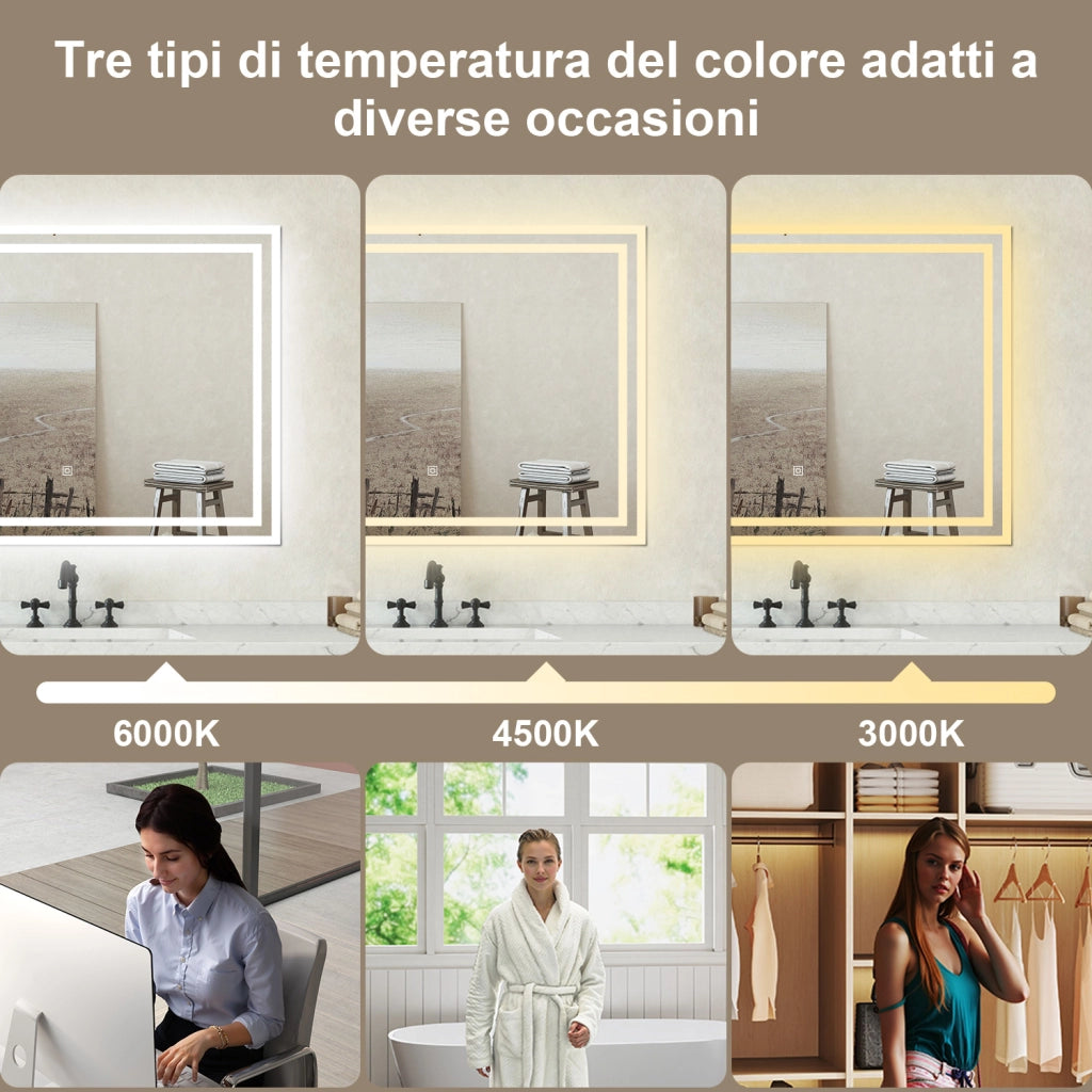 Specchio bagno Rettangolare 80x60cm Retroilluminato Con Led, Antiappannamento + 3 Luci