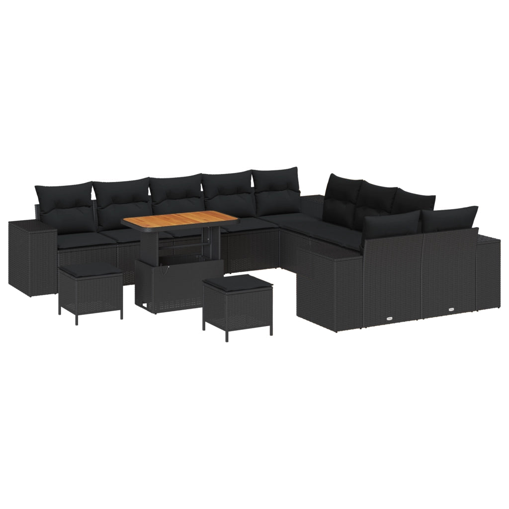 Set di divani da giardino in 13 pezzi con cuscini Nero Polyrattan Acacia