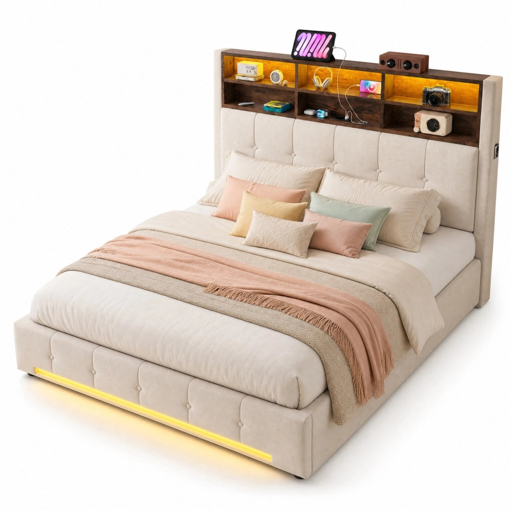 Letto Matrimoniale 160x200 cm con Contenitore; USB-C; LED e Velluto Beige