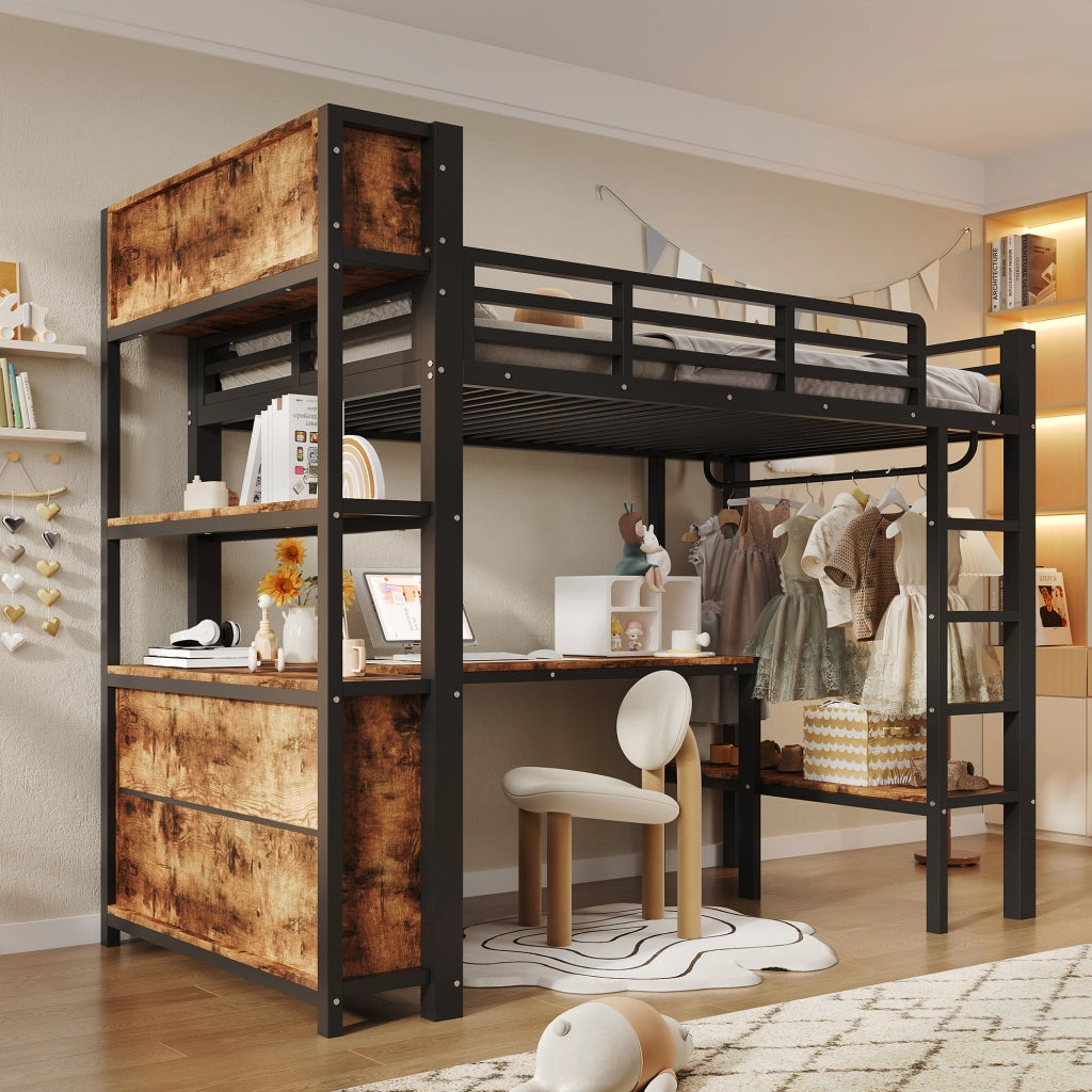 Letto a soppalco con tavolo, appendiabiti e scaffali, 90x200 cm, nero