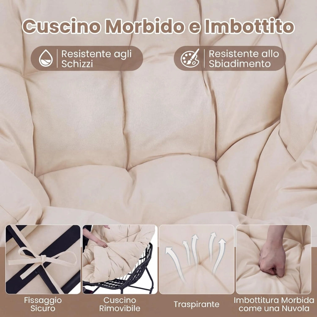 Sedia a Dondolo da Interno ed Esterno, Poltrona a Dondolo con Poggiapiedi e Cuscini Rimovibili, Poltrona Relax in Rattan con Telaio in Metallo per Soggiorno e Giardino, Portata 150 kg (Beige)
