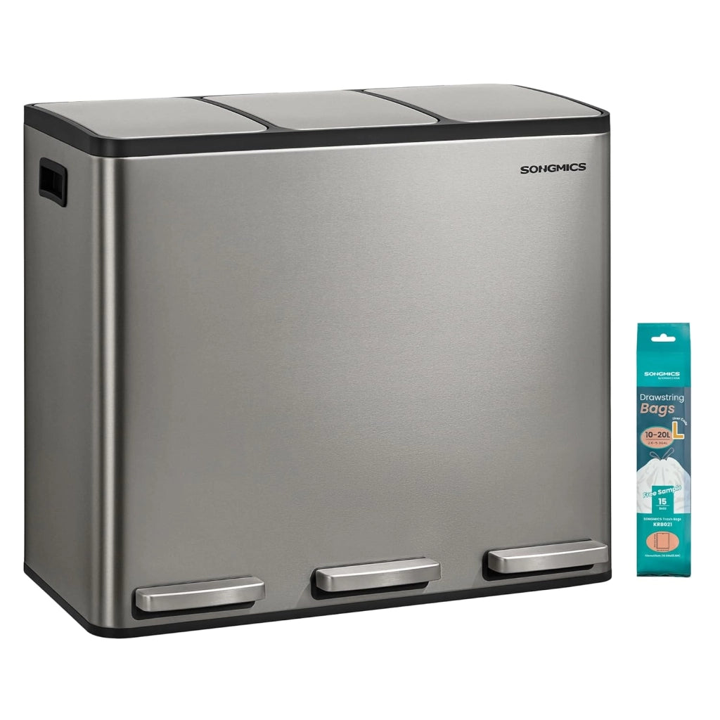 SONGMICS Pattumiera Cucina 3 x 18 L, Cestino per Raccolta Differenziata 3 Scomparti, 15 Sacchetti, Secchi Rimovibili, Coperchio, Maniglie, Chiusura Morbida, Acciaio Inox, Argento LTB254EZ01