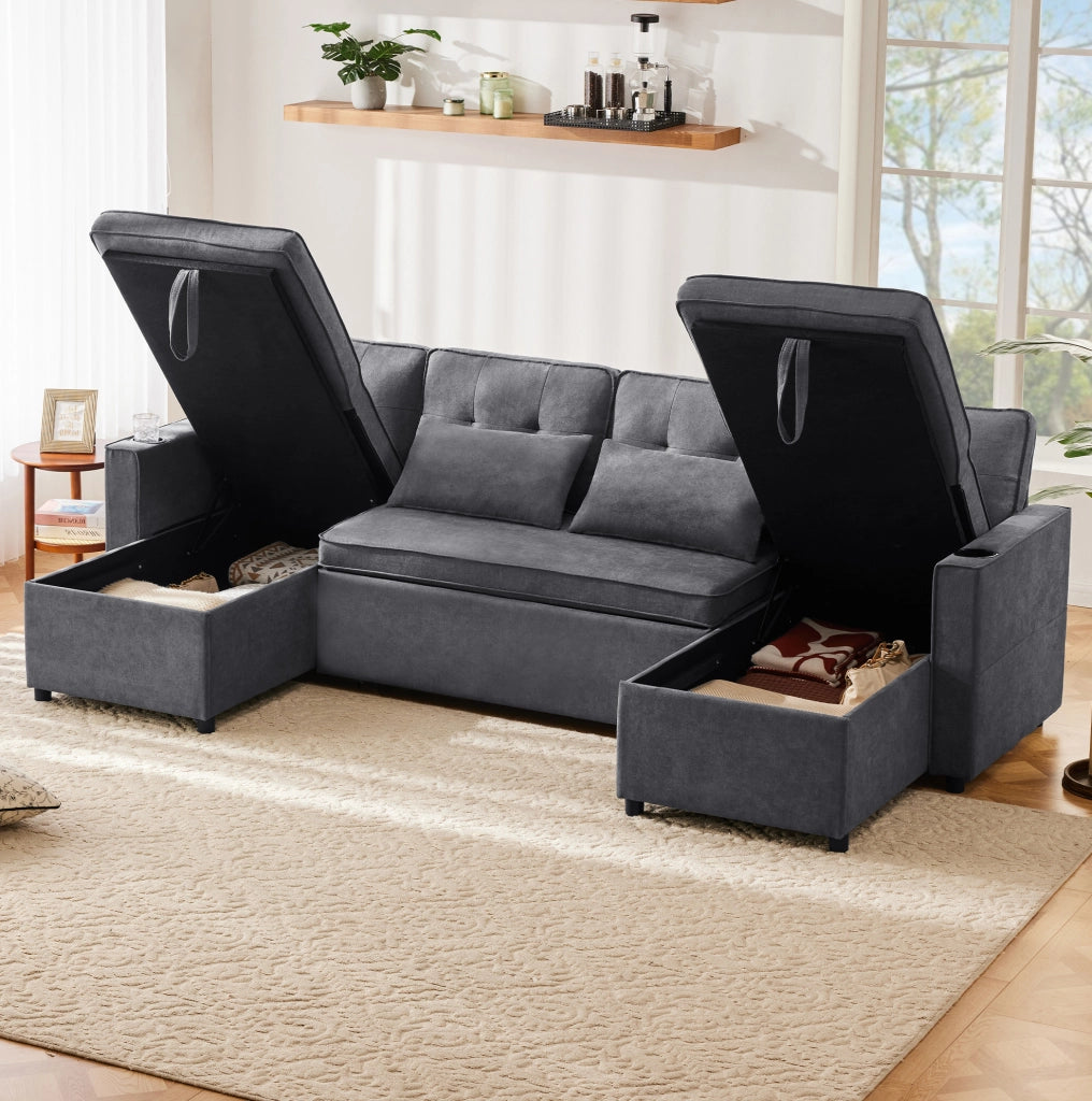 Divano letto a U trasformabile grigio con contenitori, portabevande e cuscini inclusi per riposare