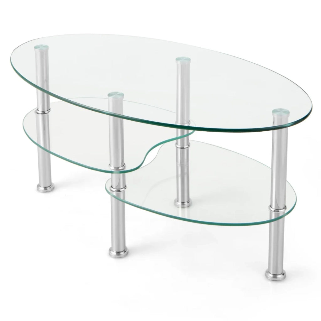 Tavolino ovale 89 x 49,5 x 45 cm con 3 ripiani portaoggetti stile moderno in vetro temperato trasparente 20_0021092