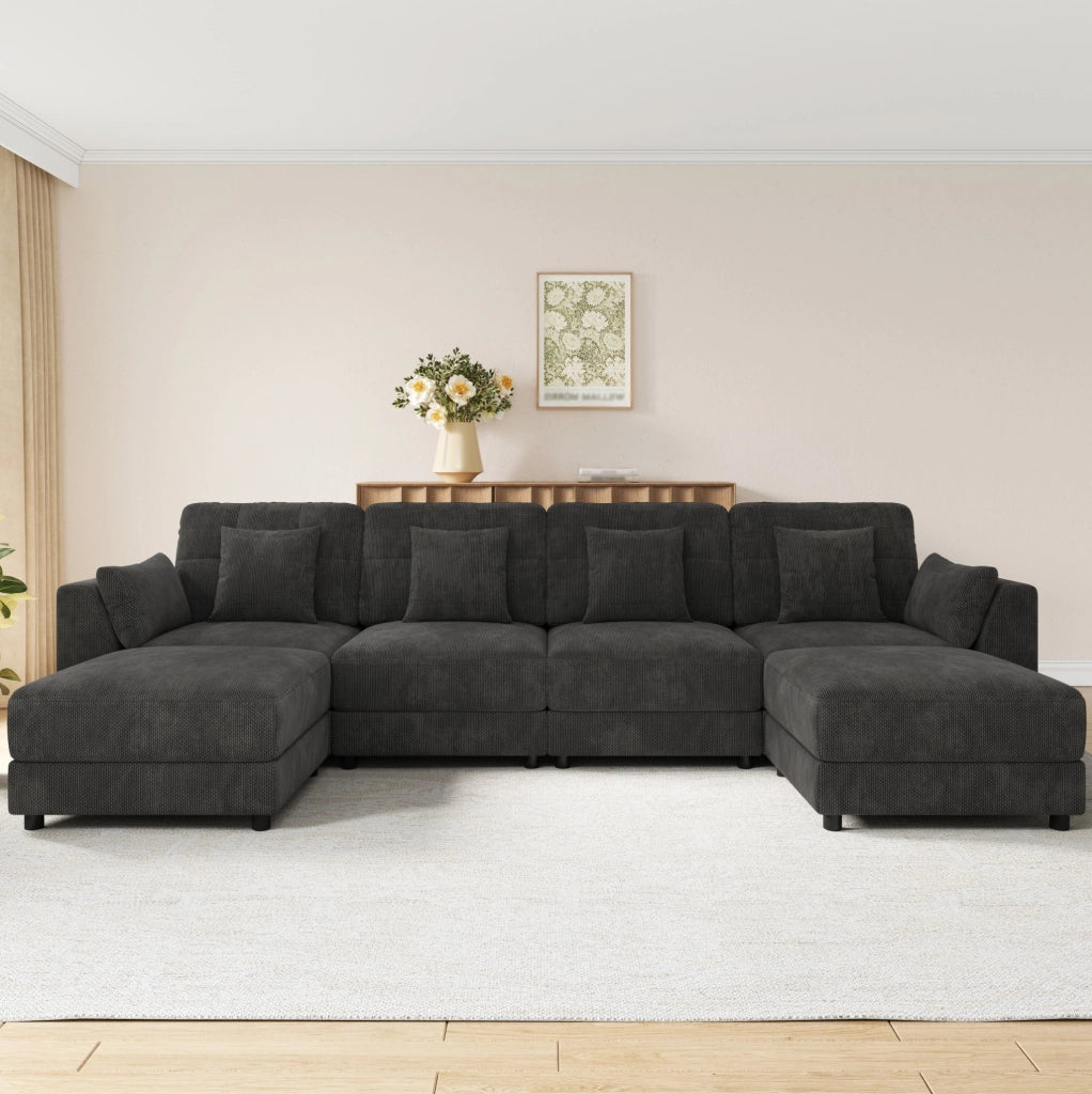 Sofa modulare U/L con LED; 2 pouf mobili e 6 cuscini; rivestimento in ciniglia grigio