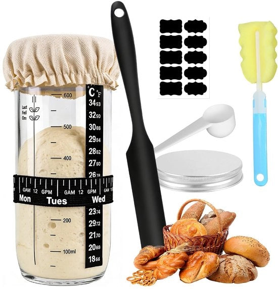 Imbottigliatore di Acido Acetico 730 ml - Vaso di Fermentazione - Coperchio in Alluminio - Spatola in Silicone - Termometro - Accessori da Cucina - Kit per la Preparazione del Pane Lievitato