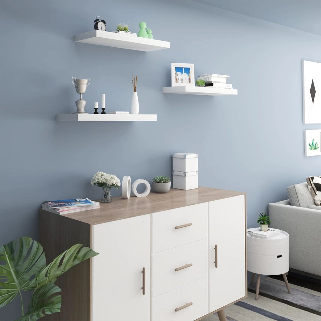 Mensola da Muro, Set di 3, Scaffale Sospeso da Parete Libreria Piccola per Soggiorno Cameretta Porta CD DVD, Pannello MDF 90x22,9x3,8cm, Bianco, RG9481ws-3