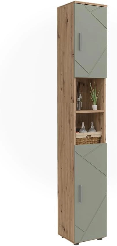 Armadio per il bagno Irma, Verde salvia, 30 x 192 cm, Ampio spazio di archiviazione dall'alto verso il basso, ideale per asciugamani e prodotti per la cura
