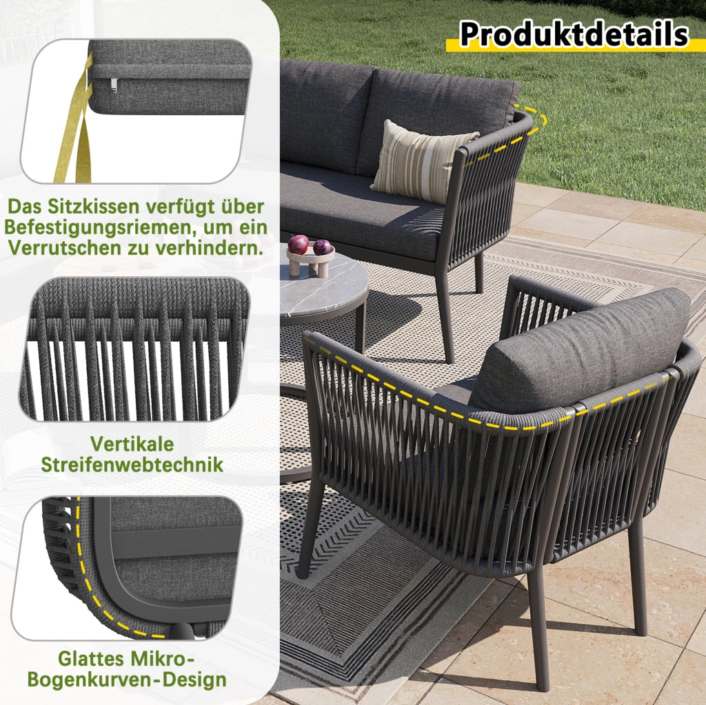 Set lounge da esterno modulare 6 pezzi con 2 tavolini; metallo e olefina; grigio