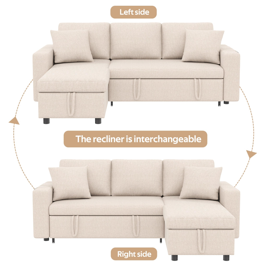 Divano letto angolare reversibile con contenitore, tasche laterali e 2 cuscini, in lino Beige