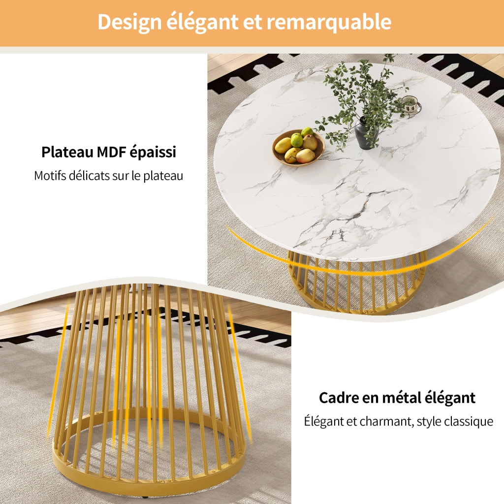 Tavolo da pranzo rotondo con piedini regolabili, per sala da pranzo, in MDF e metallo, bianco e oro, 80 × 80 × 76 cm