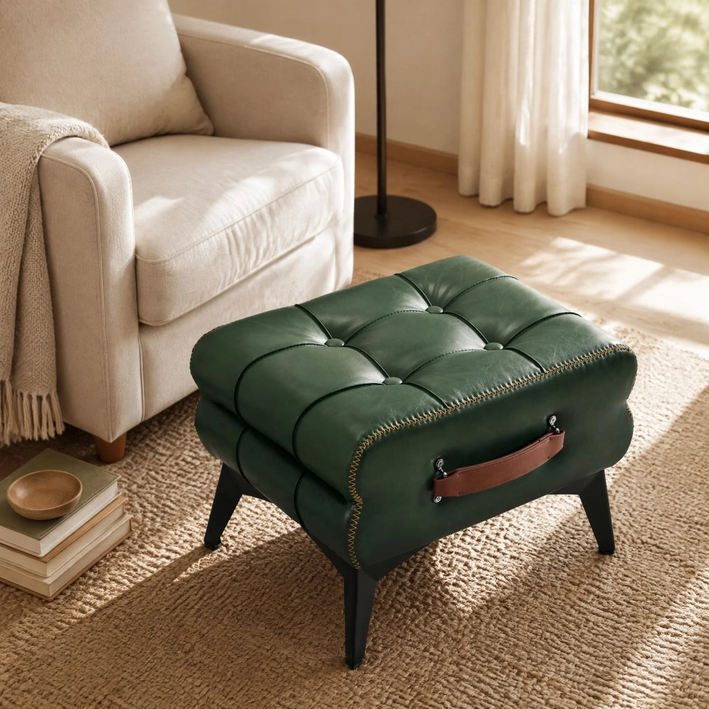 Pouf Poggiapiedi Multifunzionale con Maniglia e Piedini Antiscivolo in PU Legno Verde
