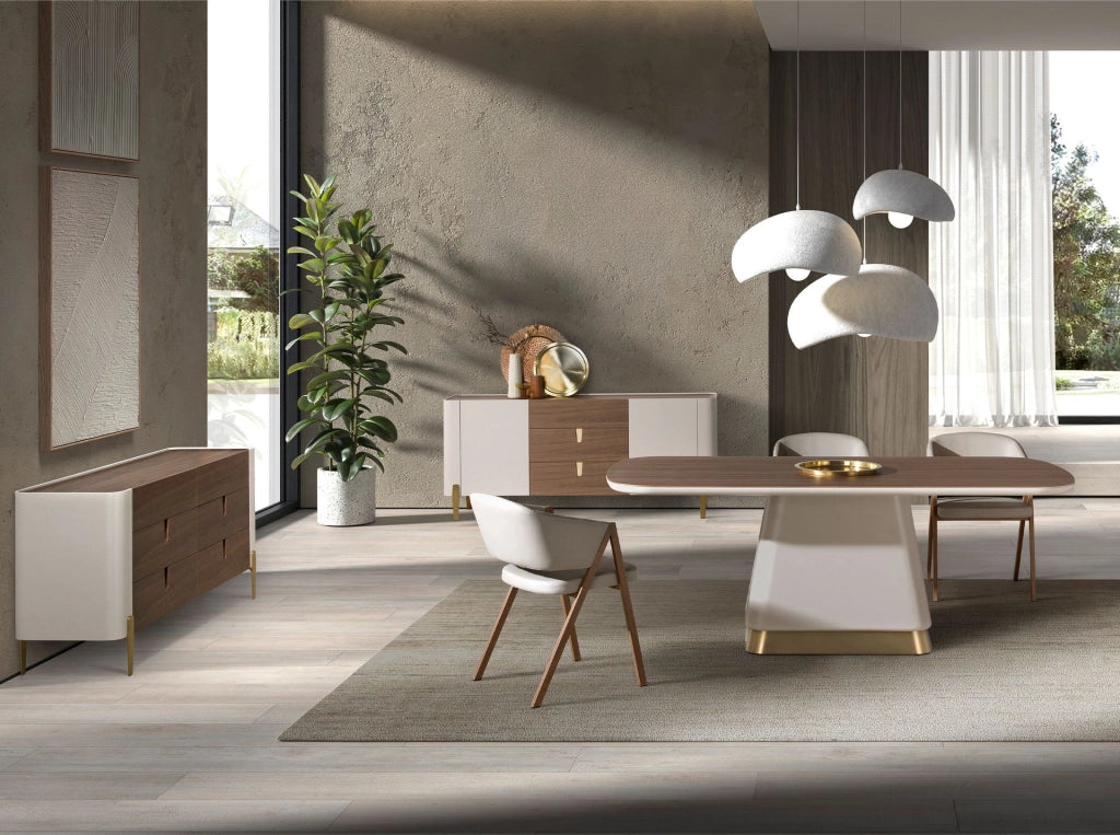 Cassettiera in legno beige, acciaio lucido dorato e piano in noce