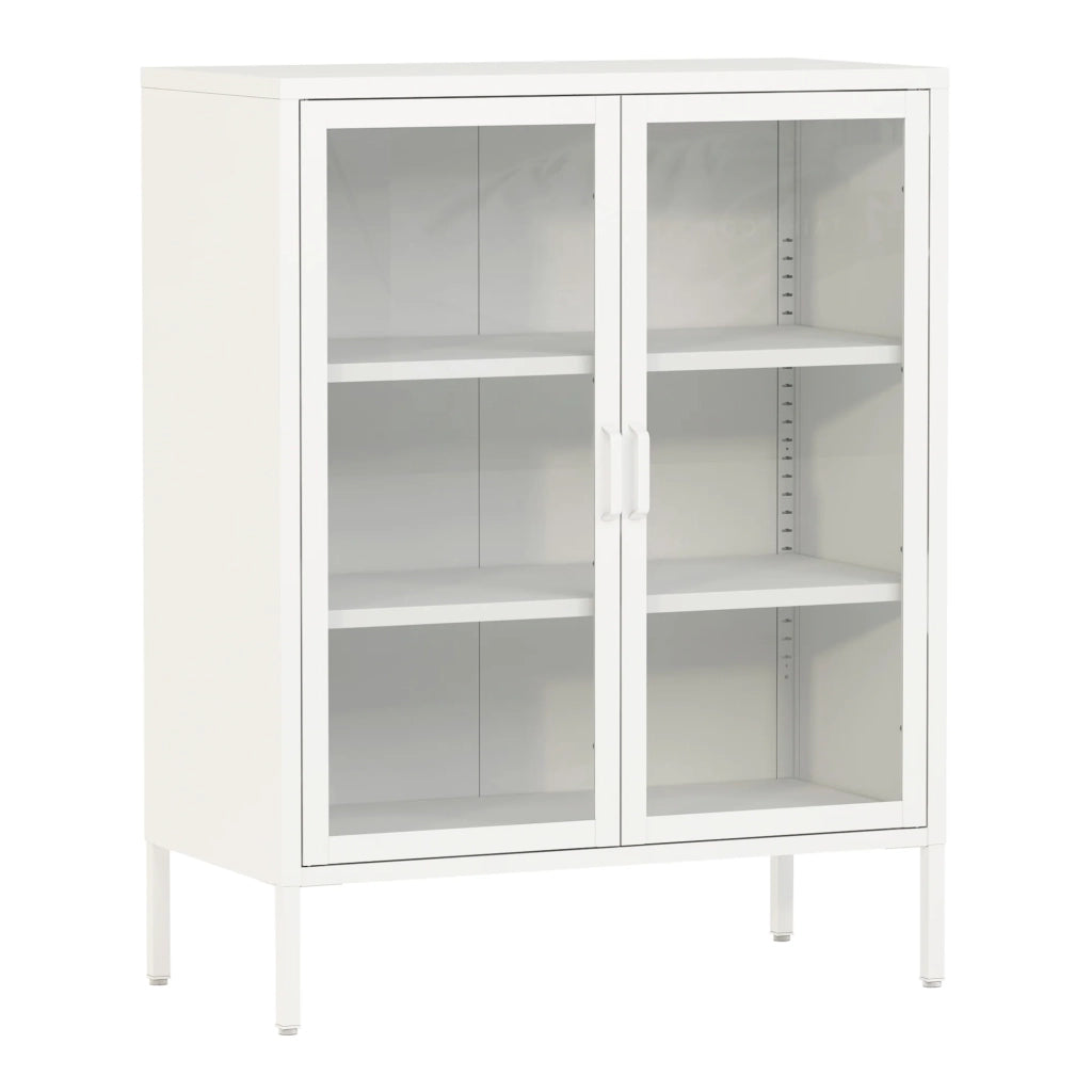 Credenza in metallo con ante in vetro acciaio e vetro temperato 102 x 80 x 40 cm bianco 03_0006607