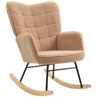 Poltrona a Dondolo Imbottita in Legno e Acciaio con Rivestimento Bouclé, 71x98x101 cm, Marrone