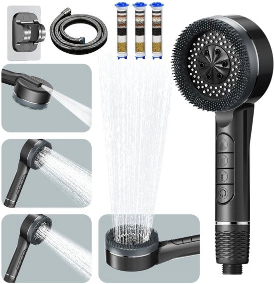 Douchekop con goccia lunga, Douchekop con goccia lunga 1,5M, douchekop con filtro idroeconomizzante, 4 tipi di getto, douchekop ecosostenibile, maniglia per doccia per acqua dura, douchekop con filtro, grigio