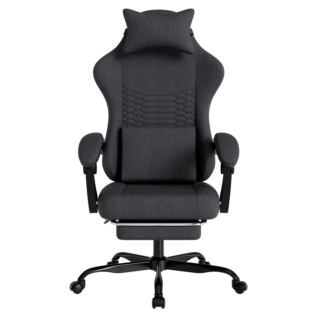 Sedia da ufficio gaming ergonomica con poggiatesta, supporto lombare, poggiapiedi e braccioli in tessuto nero con ruote