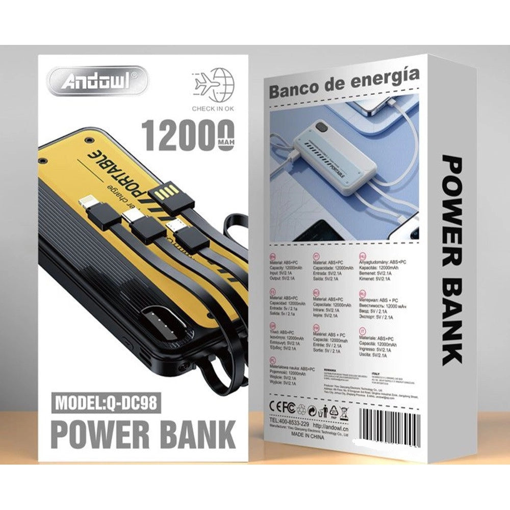 Trade Shop - Power Bank Portatile Q-dc98 12000mah 10,5w 5v/2.1a Con Cavi Integrati Indicatori Led -