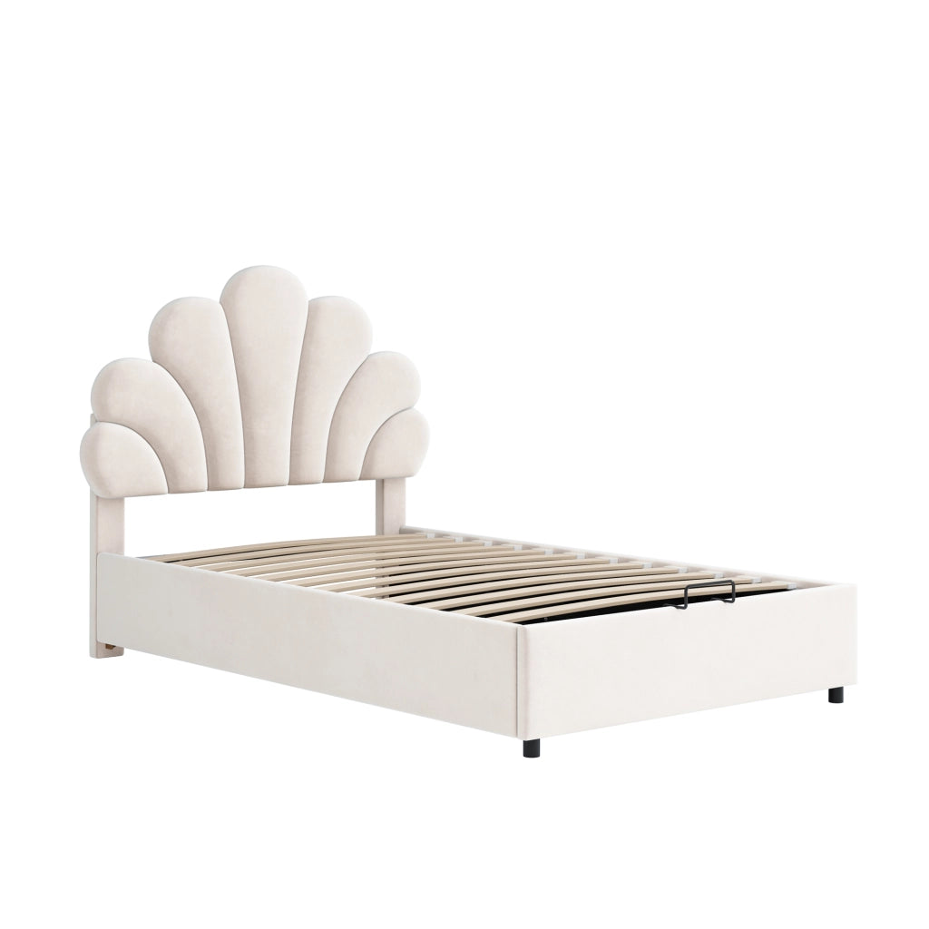 Letto Contenitore 90 x 200 cm; Letto Singolo con Testiera Regolabile e Vano Idraulico; senza Materasso; Beige