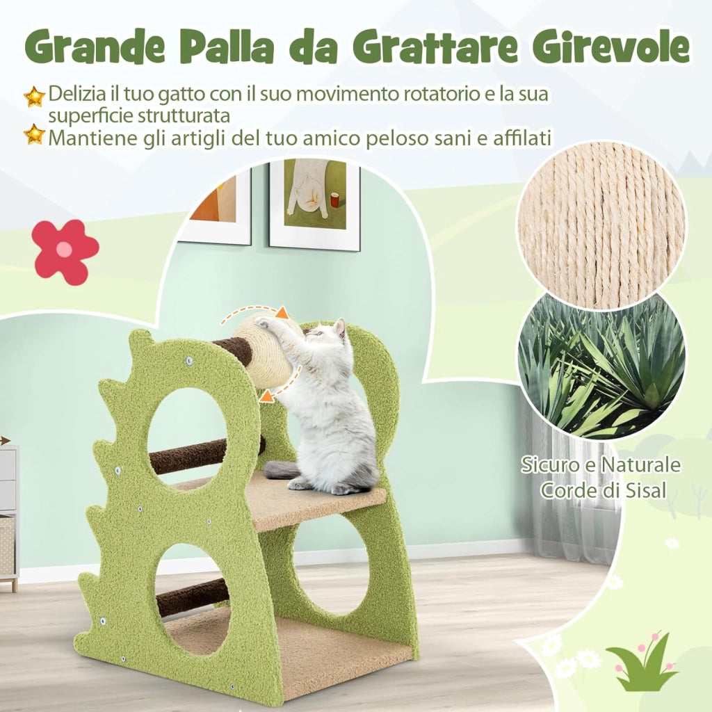 Albero Tiragraffi Moderno a 2 Livelli da Interno, Torre per Gatti a Forma di Dinosauro con Palla Girevole in Sisal, Tessuto Peluche Morbido e Tiragraffi, Centro Attività per Gatti