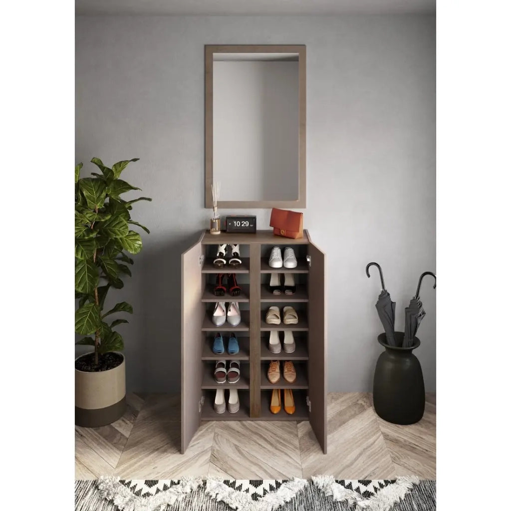 Mobile contenitore con 2 ante e 5 ripiani regolabili, collezione KEY, colore marrone e rovere