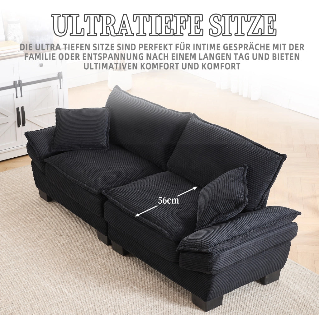 Divano a 2 posti in velluto nero 224x81x81 cm con braccioli imbottiti e cuscini