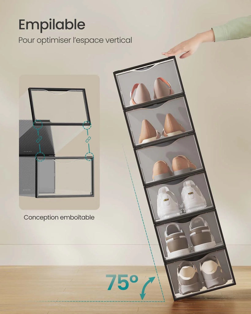 Scatole portascarpe in plastica con sportello set da 12 pezzi impilabili facile da montare 332 x 23 x 145 cm per scarpe fino alla misura 43 nero 12_0004464