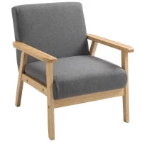 Poltrona in Stile Scandinavo, Legno Massello, Finitura in Lino, 64 cm x 70 cm x 72 cm, Grigio e Naturale
